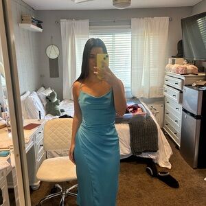 Blue Midi Gown with Spaghetti Straps for Prom